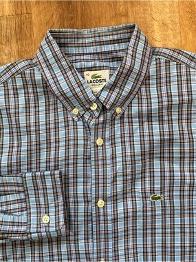 Lacoste Button-Down Shirt Mens 40 Medium Regular Fit Long Sleeve Blue Plaid